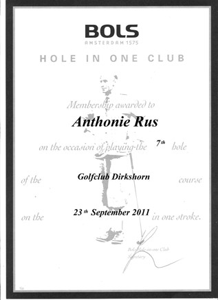 Certificaat Ton Rus, hole in one